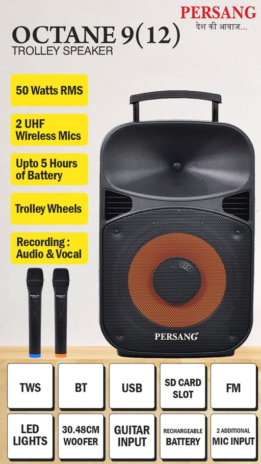 Persang Karaoke OCTANE-9 (12) 50w Trolley Speaker With 1000 Songs, 2 UHF Mics, BT FM  USB  Remote