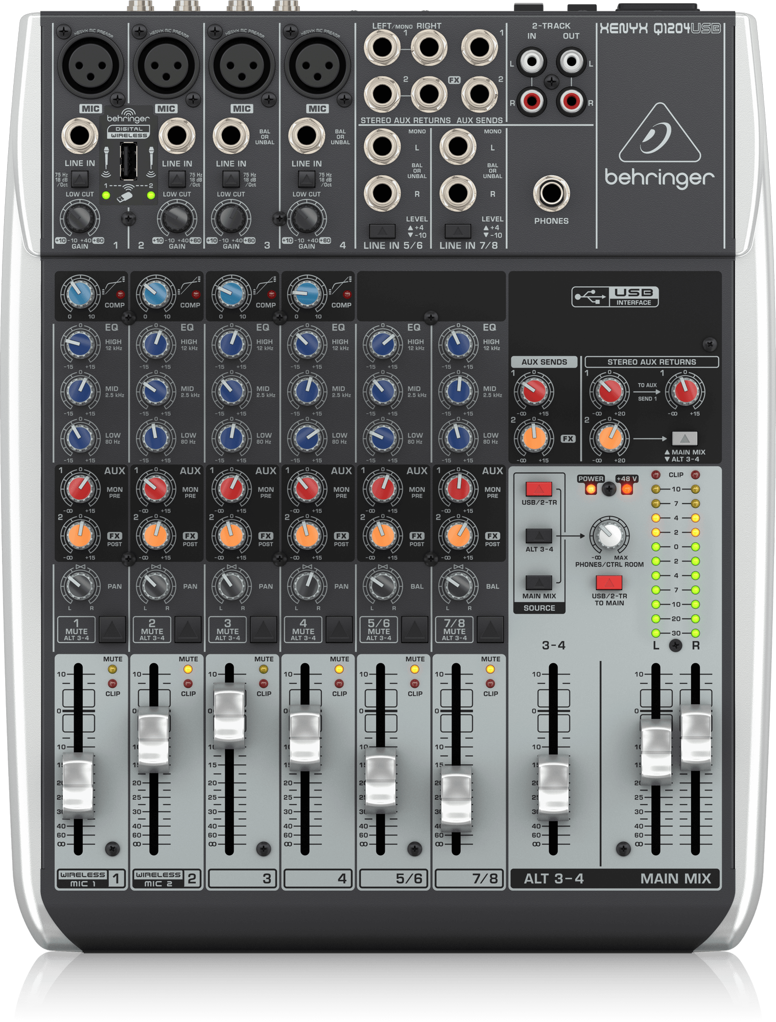 Behringer  XENYX Q1204USB Premium 12-Input 2/2-Bus Mixer with XENYX Mic Preamps and Compressors, Wireless Option and USB/Audio Interface - Each