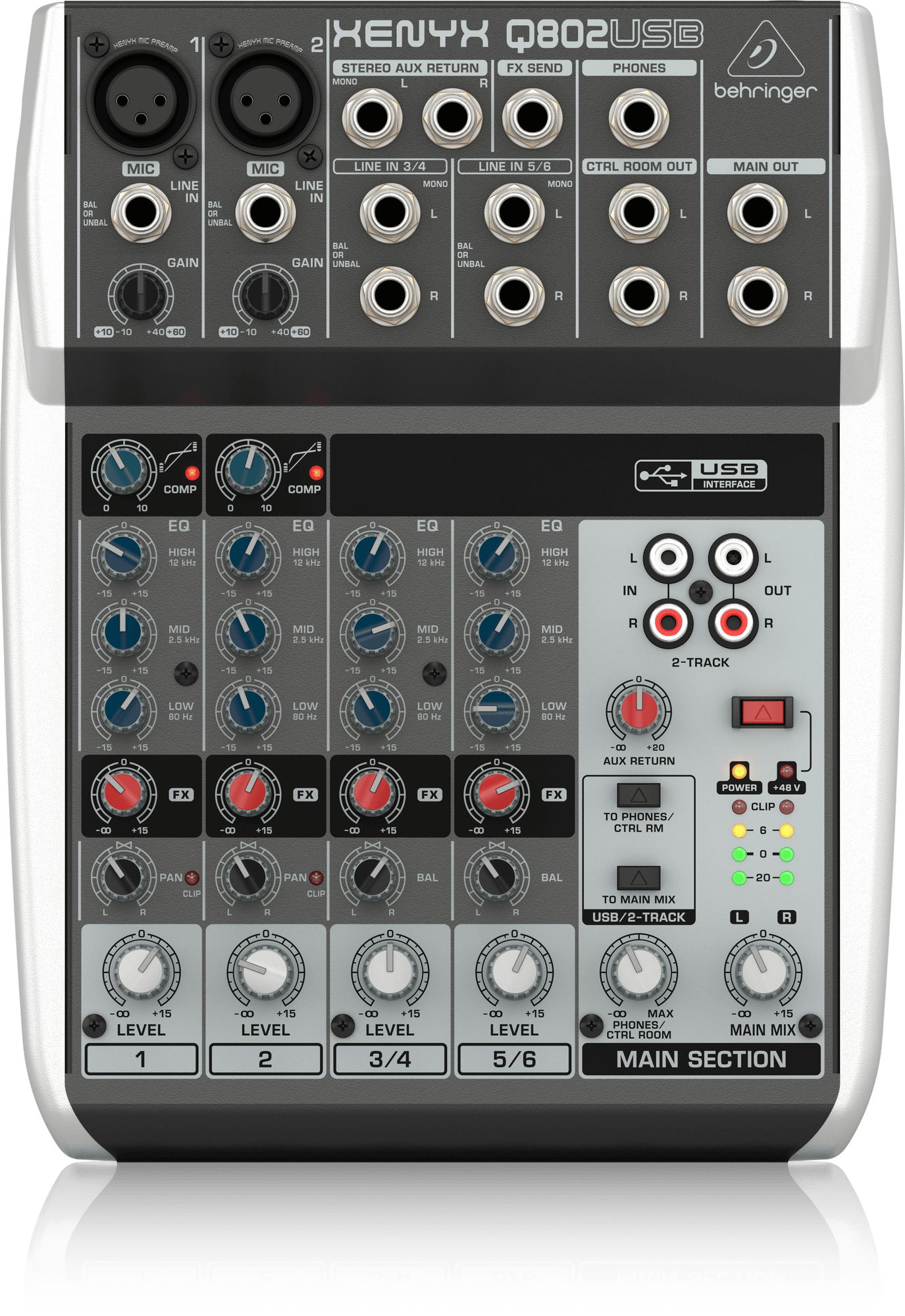 Behringer Xenyx Q802USB Premium 8-Input 2-Bus Mixer with XENYX Mic Preamps and Compressors, British EQ and USB/Audio Interface