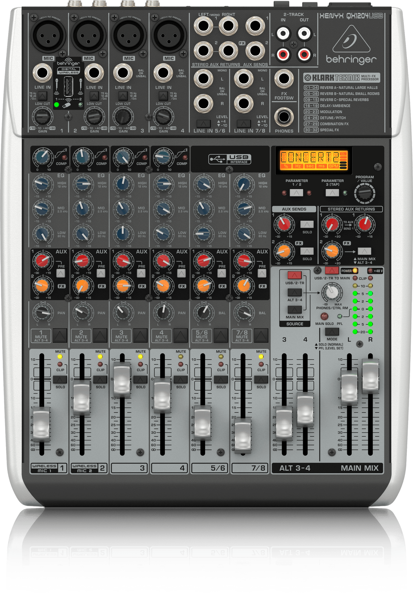 Behringer Xenyx QX1204USB Premium 12-Input 2/2-Bus Mixer with XENYX Mic Preamps and Compressors, Klark Teknik Multi-FX Processor, Wireless Option and USB/Audio Interface