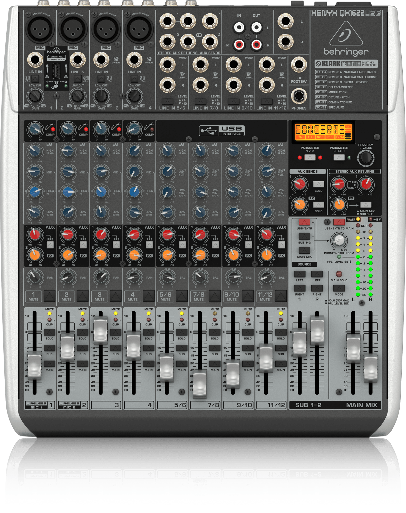 Behringer Xenyx QX1622USB Premium 16-Input 2/2-Bus Mixer with XENYX Mic Preamps and Compressors, Klark Teknik Multi-FX Processor, Wireless Option and USB/Audio Interface