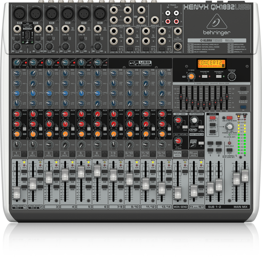 Behringer Xenyx QX1832USB Premium 18-Input 3/2-Bus Mixer with XENYX Mic Preamps and Compressors, Klark Teknik Multi-FX Processor, Wireless Option and USB/Audio Interface