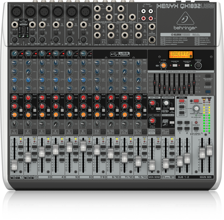 Behringer Xenyx QX1832USB Premium 18-Input 3/2-Bus Mixer with XENYX Mic Preamps and Compressors, Klark Teknik Multi-FX Processor, Wireless Option and USB/Audio Interface