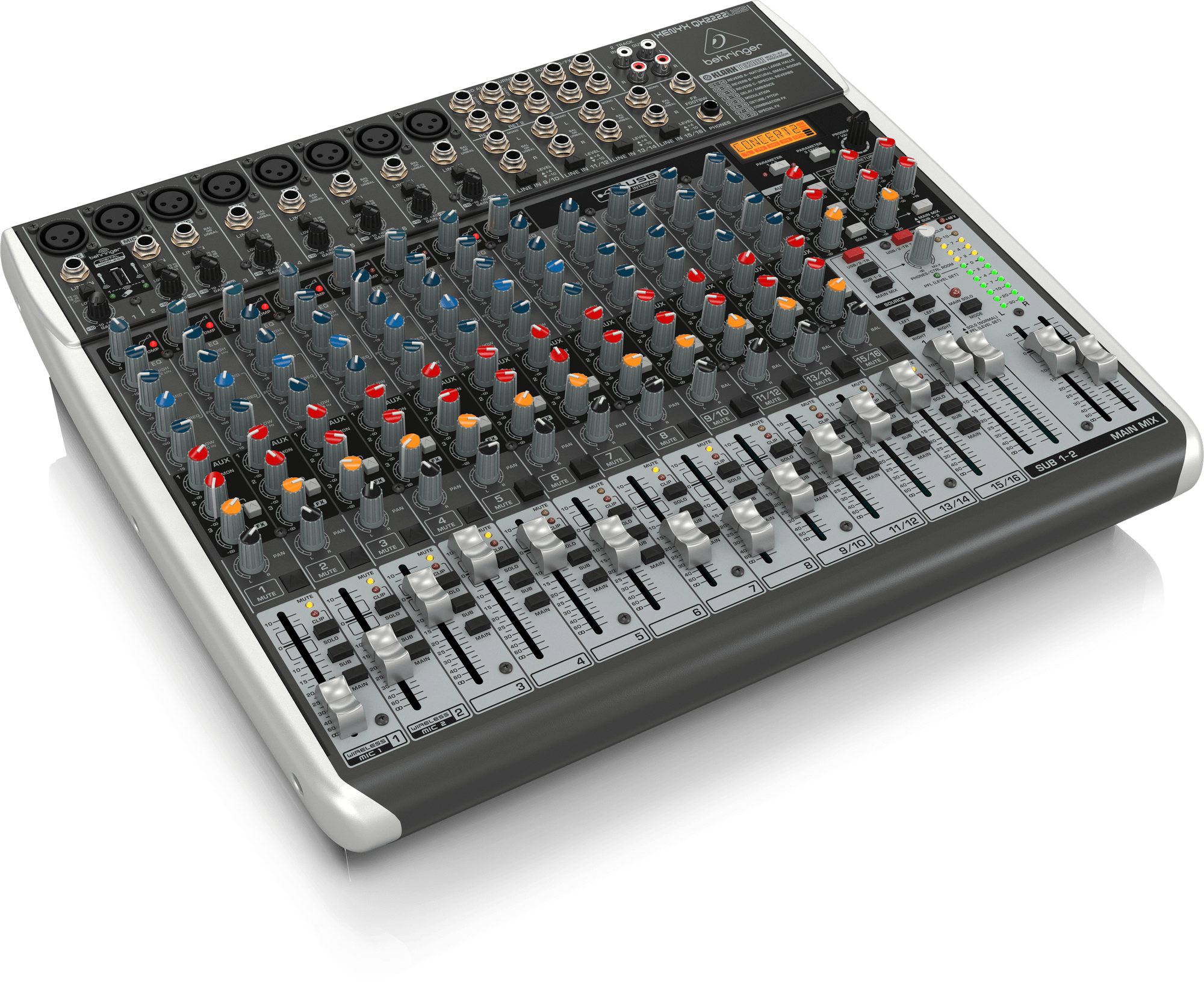 Behringer XENYX QX2222USB Premium 22-Input 2/2-Bus Mixer with XENYX Mic Preamps and Compressors, Klark Teknik Multi-FX Processor, Wireless Option and USB/Audio Interface