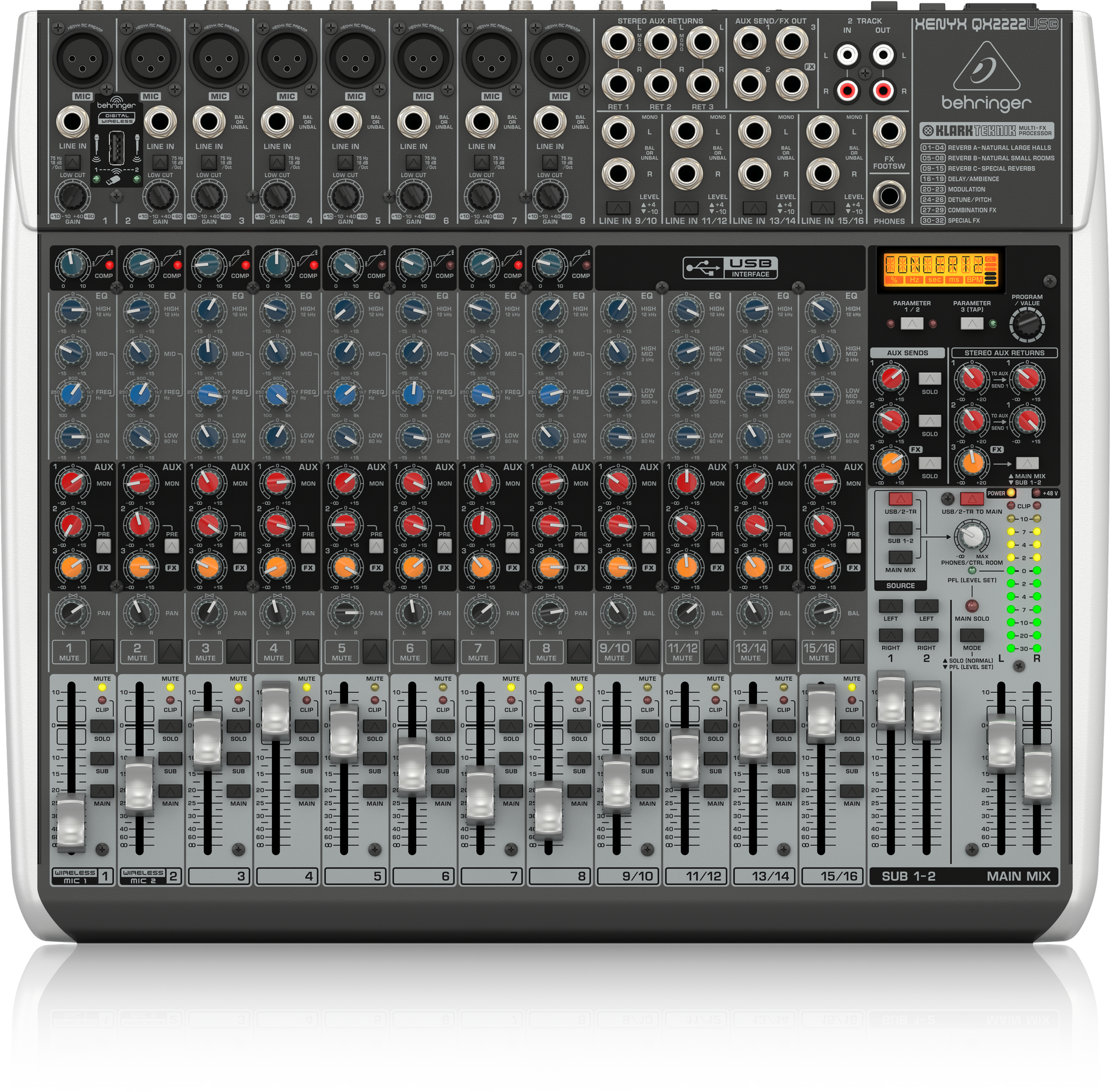 Behringer XENYX QX2222USB Premium 22-Input 2/2-Bus Mixer with XENYX Mic Preamps and Compressors, Klark Teknik Multi-FX Processor, Wireless Option and USB/Audio Interface