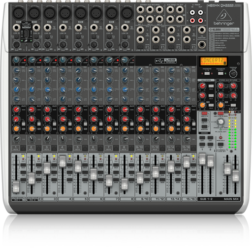 Behringer XENYX QX2222USB Premium 22-Input 2/2-Bus Mixer with XENYX Mic Preamps and Compressors, Klark Teknik Multi-FX Processor, Wireless Option and USB/Audio Interface