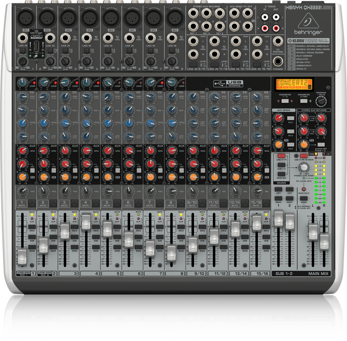 Behringer XENYX QX2222USB Premium 22-Input 2/2-Bus Mixer with XENYX Mic Preamps and Compressors, Klark Teknik Multi-FX Processor, Wireless Option and USB/Audio Interface