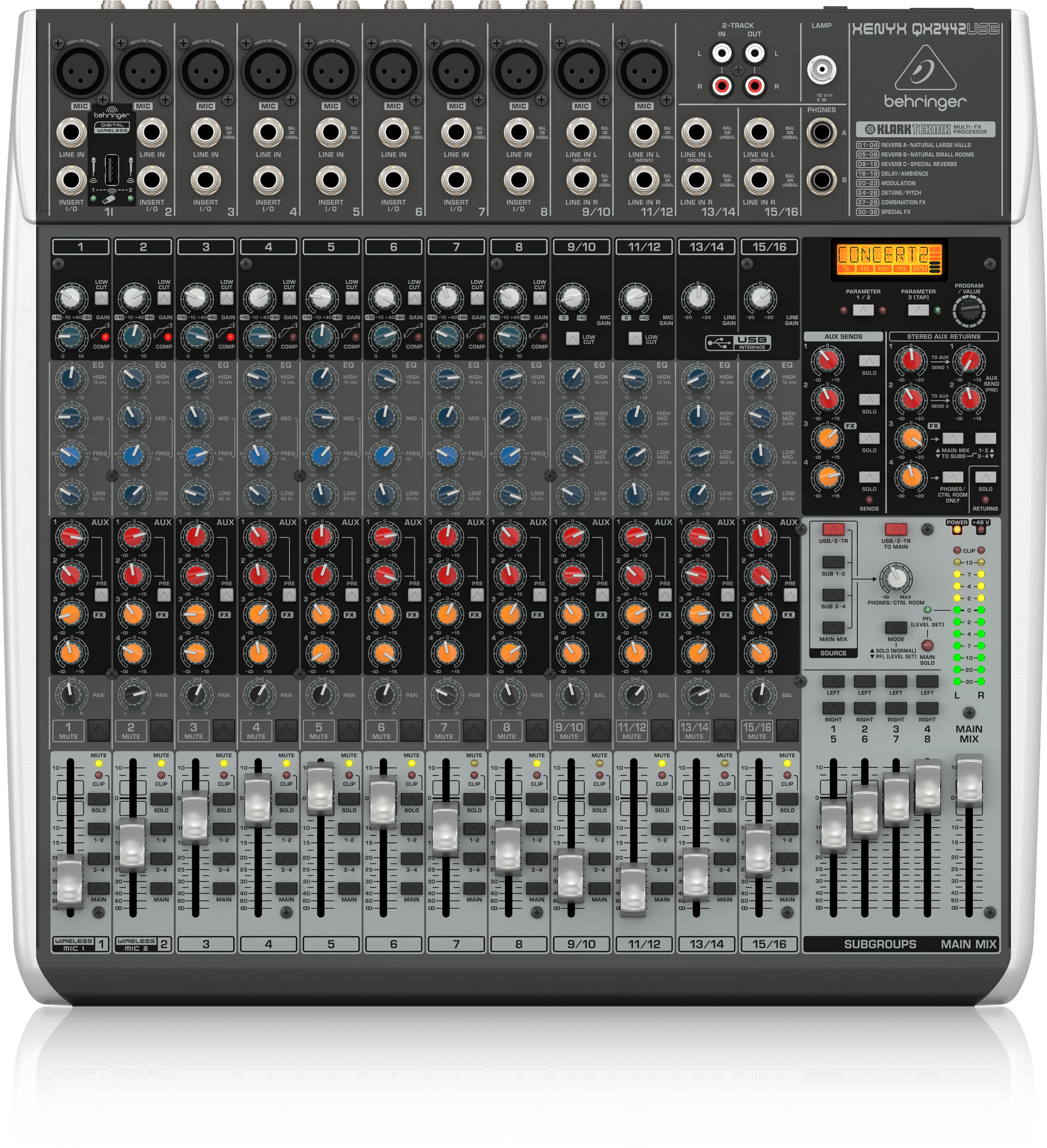 Behringer Xenyx QX2442USB Premium 24-Input 4/2-Bus Mixer with XENYX Mic Preamps and Compressors, Klark Teknik Multi-FX Processor, Wireless Option and USB/Audio Interface