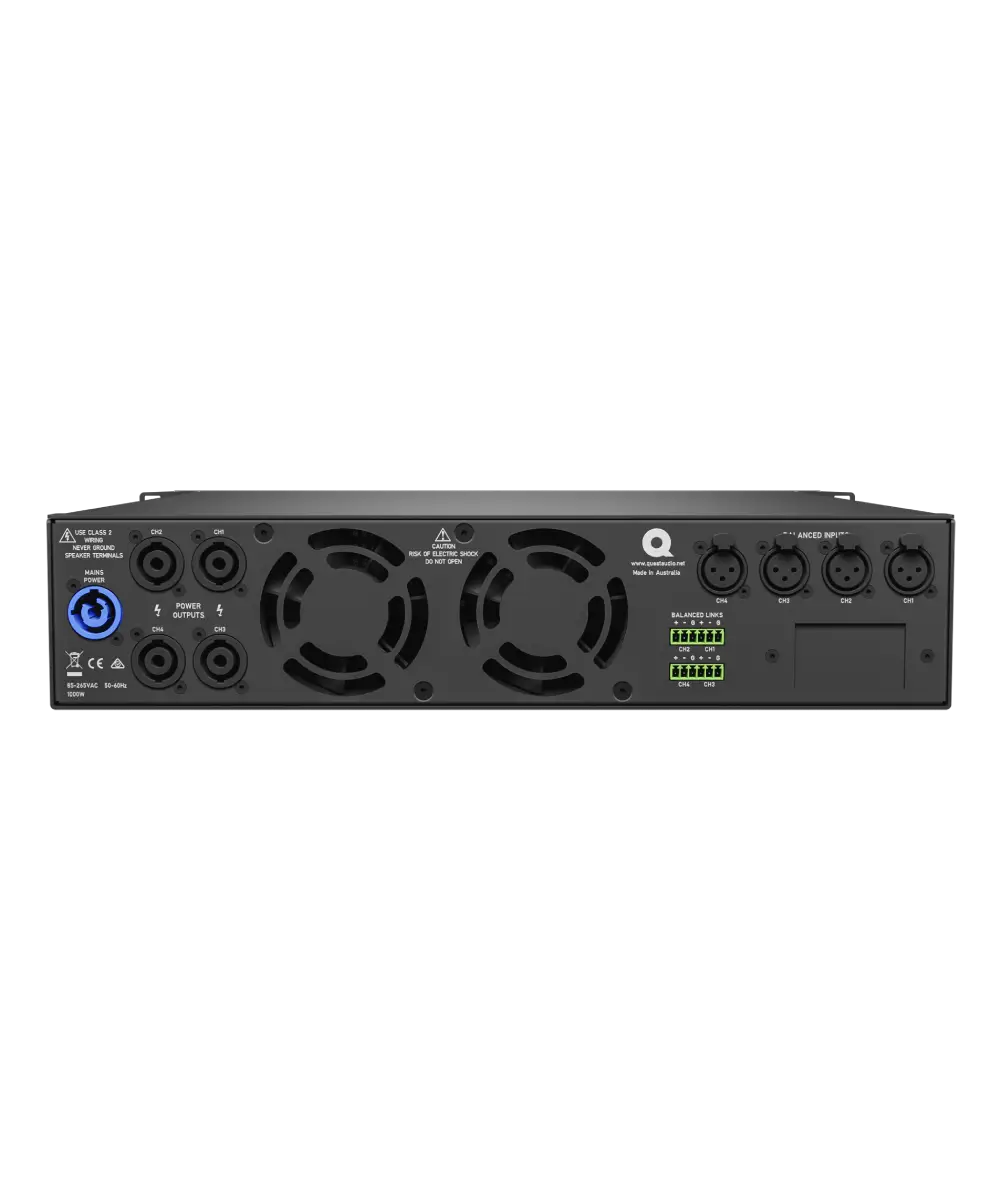 Quest QX41500 Professional 4×1500W Class-D 2RU Installation Power Amplifier with Auto Load Sensing, 70V/100V & Dante™ Expansion Support - Audiomaxx India