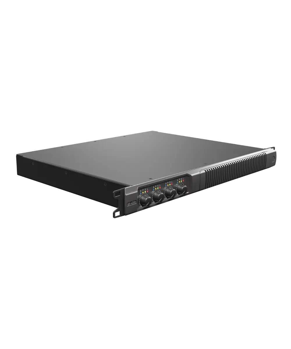 Quest QX4300 Professional 4×300W Class-D 1RU Installation Power Amplifier with Auto Load Sensing, 70V/100V & DSP Control