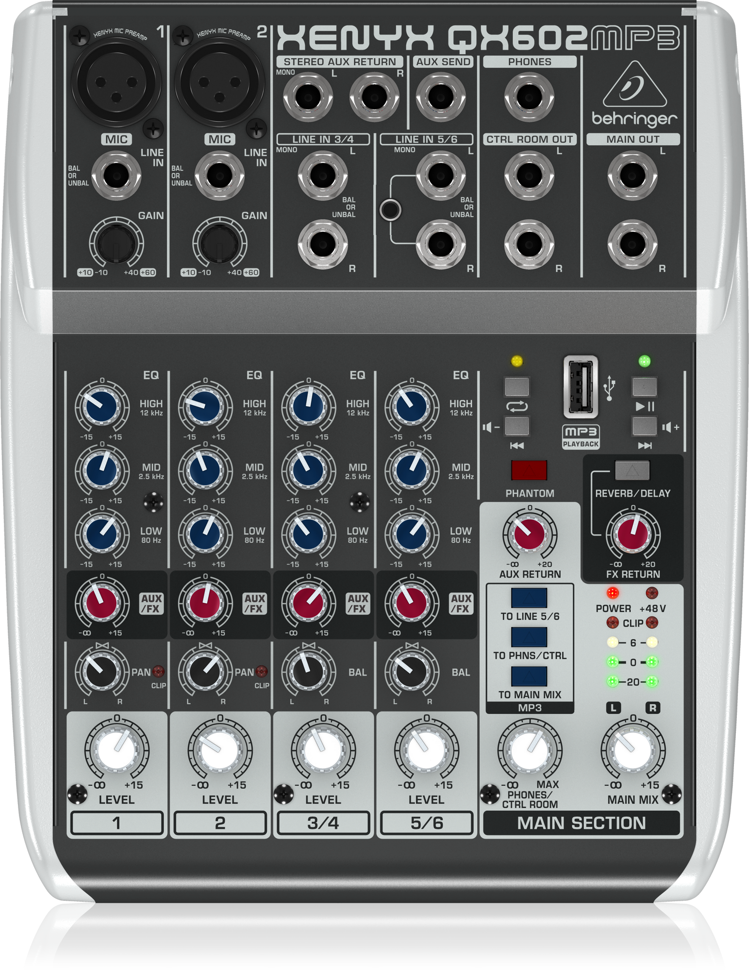 Behringer Xenyx QX602MP3 Premium 6-Input 2-Bus Mixer with XENYX Mic Preamps, British EQ, MP3 Player and Multi-FX