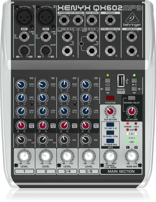 Behringer Xenyx QX602MP3 Premium 6-Input 2-Bus Mixer with XENYX Mic Preamps, British EQ, MP3 Player and Multi-FX