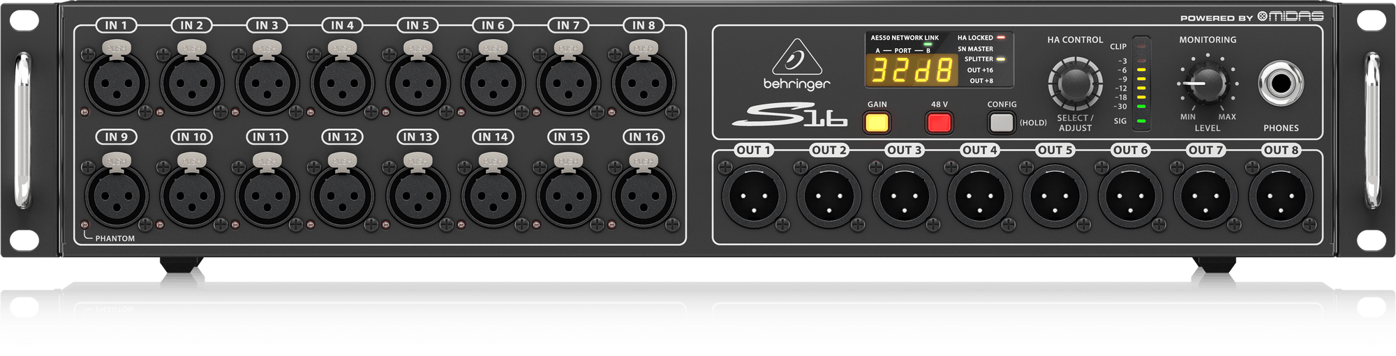 Behringer S16 I/O Box with 16 Remote-Controllable Midas Preamps, 8 Outputs and AES50 Networking featuring Klark Teknik SuperMAC Technology