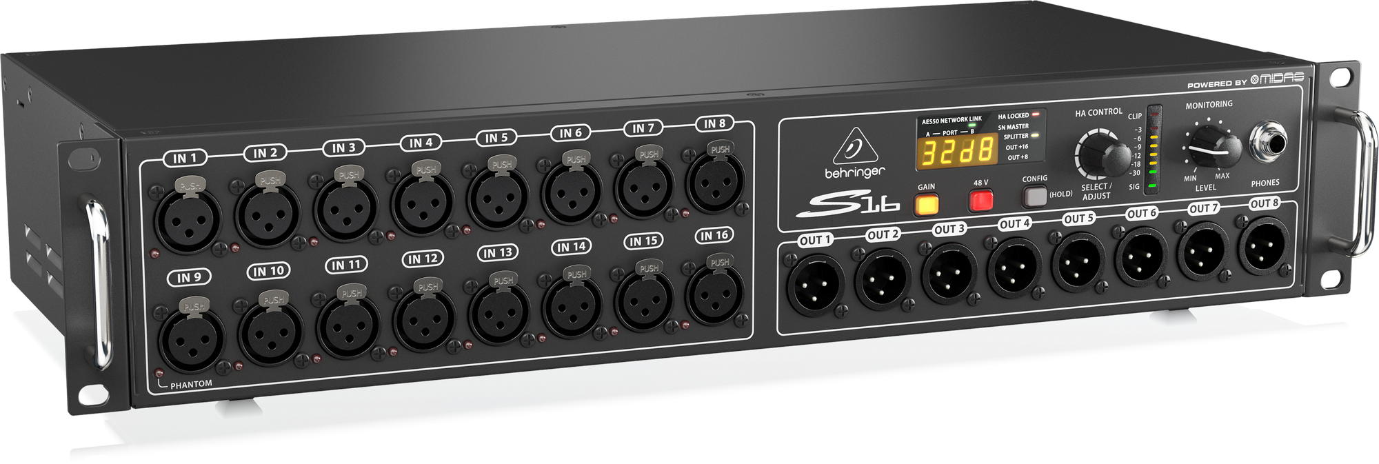 Behringer S16 I/O Box with 16 Remote-Controllable Midas Preamps, 8 Outputs and AES50 Networking featuring Klark Teknik SuperMAC Technology