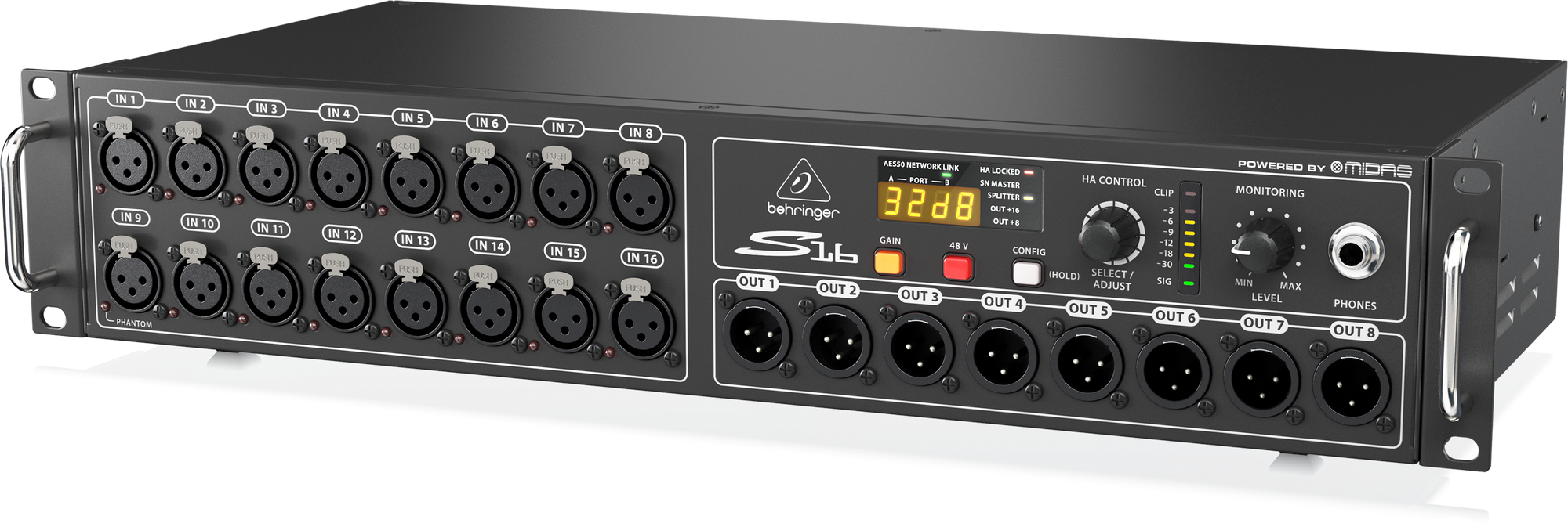 Behringer S16 I/O Box with 16 Remote-Controllable Midas Preamps, 8 Outputs and AES50 Networking featuring Klark Teknik SuperMAC Technology