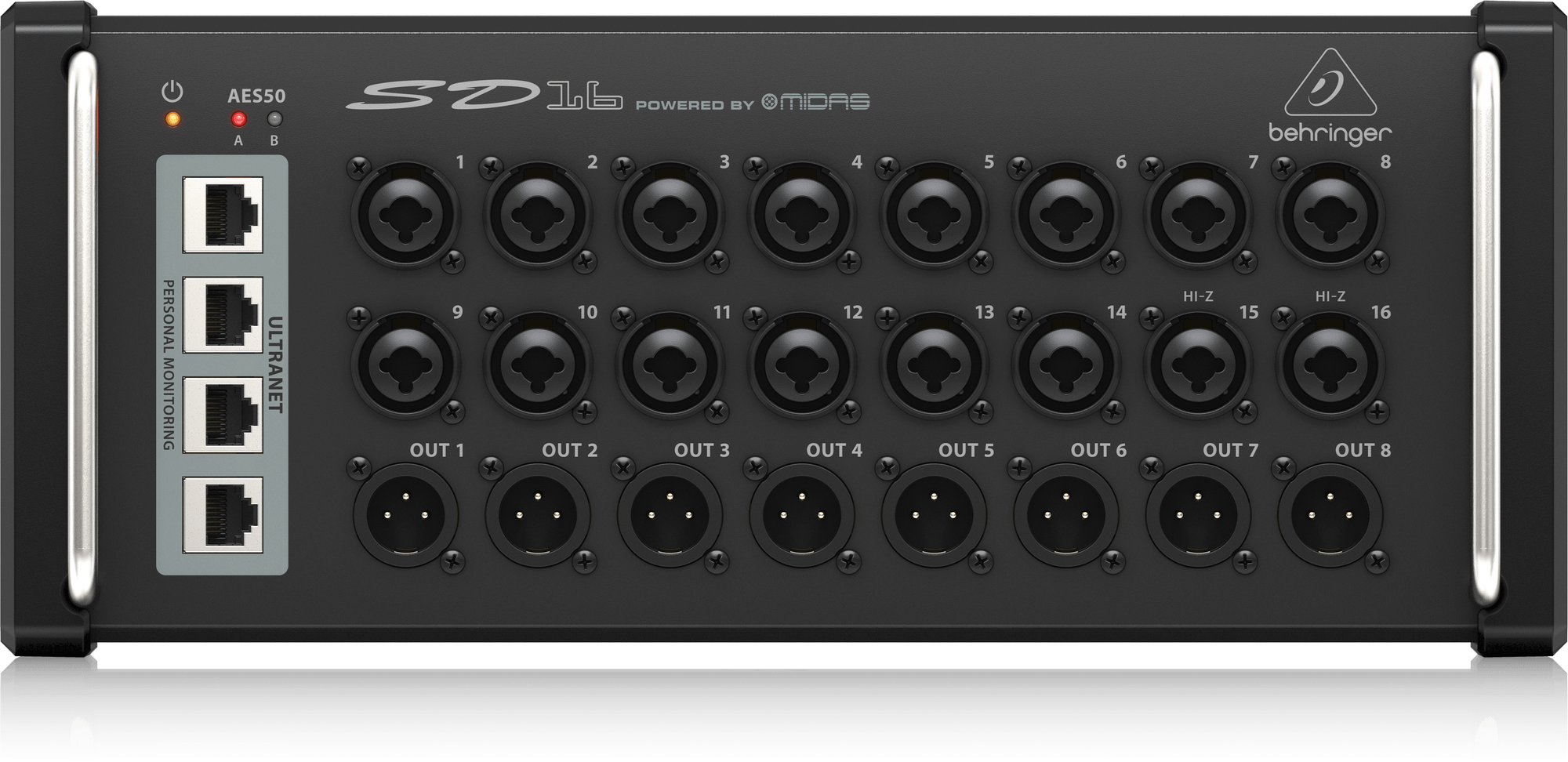 Behringer SD16 I/O Stage Box with 16 Remote-Controllable Midas Preamps, 8 Outputs, AES50 Networking and ULTRANET Personal Monitoring Hub