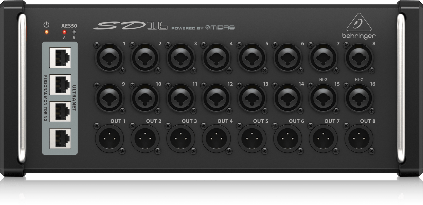 Behringer SD16 I/O Stage Box with 16 Remote-Controllable Midas Preamps, 8 Outputs, AES50 Networking and ULTRANET Personal Monitoring Hub