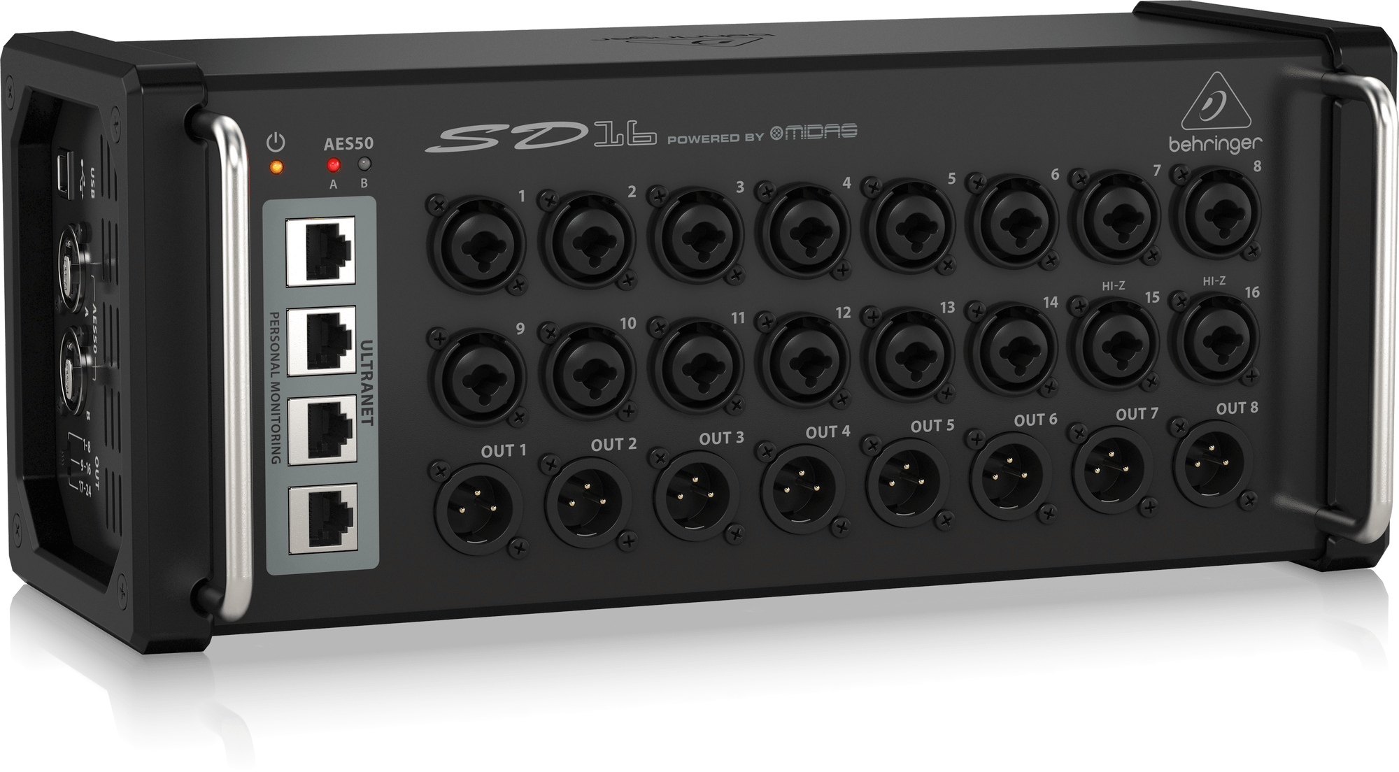 Behringer SD16 I/O Stage Box with 16 Remote-Controllable Midas Preamps, 8 Outputs, AES50 Networking and ULTRANET Personal Monitoring Hub