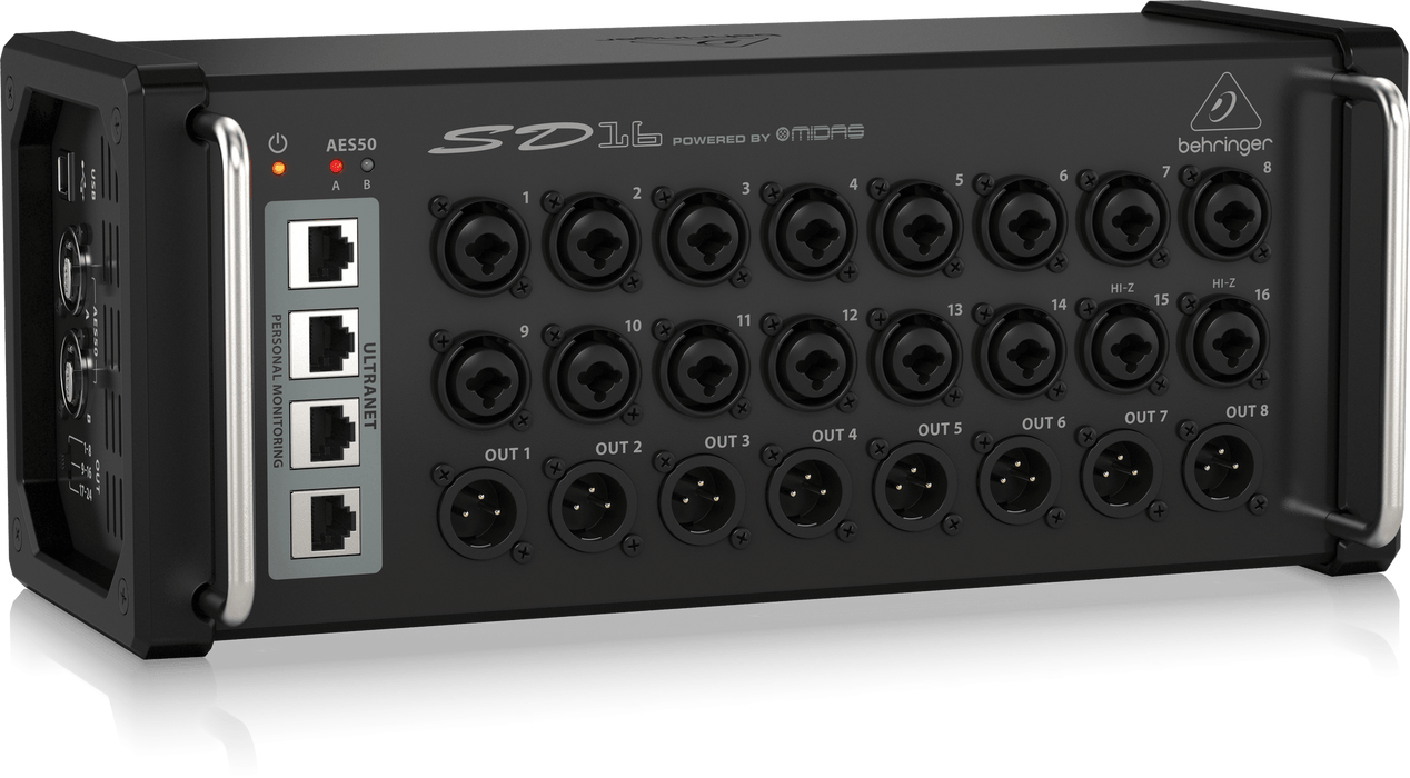 Behringer SD16 I/O Stage Box with 16 Remote-Controllable Midas Preamps, 8 Outputs, AES50 Networking and ULTRANET Personal Monitoring Hub