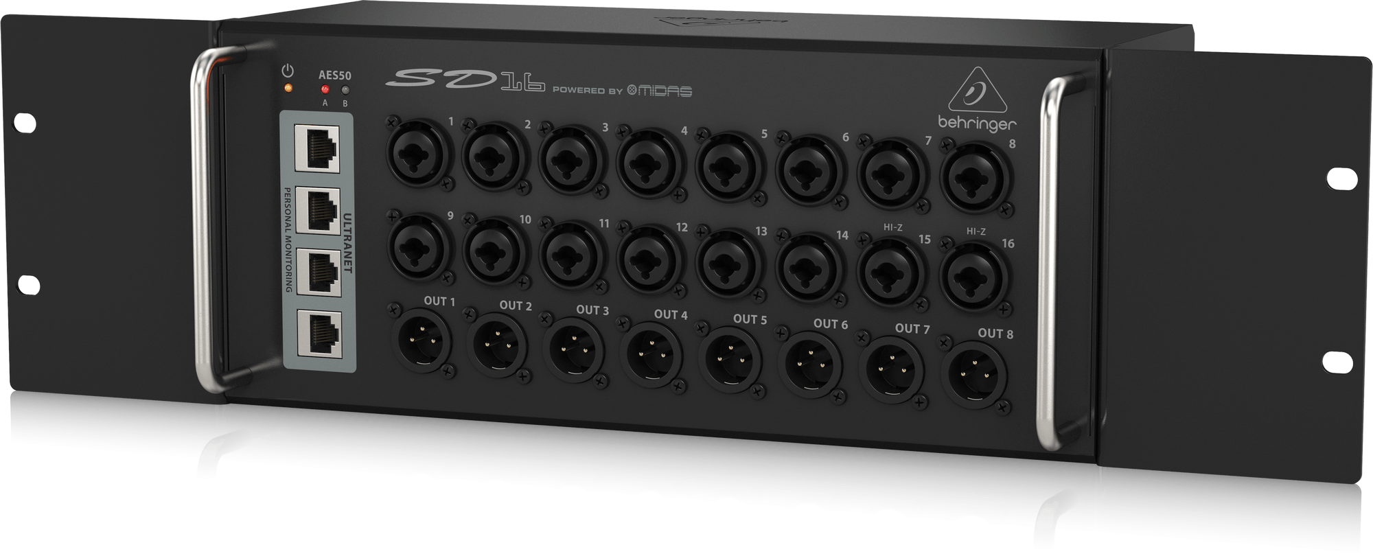 Behringer SD16 I/O Stage Box with 16 Remote-Controllable Midas Preamps, 8 Outputs, AES50 Networking and ULTRANET Personal Monitoring Hub