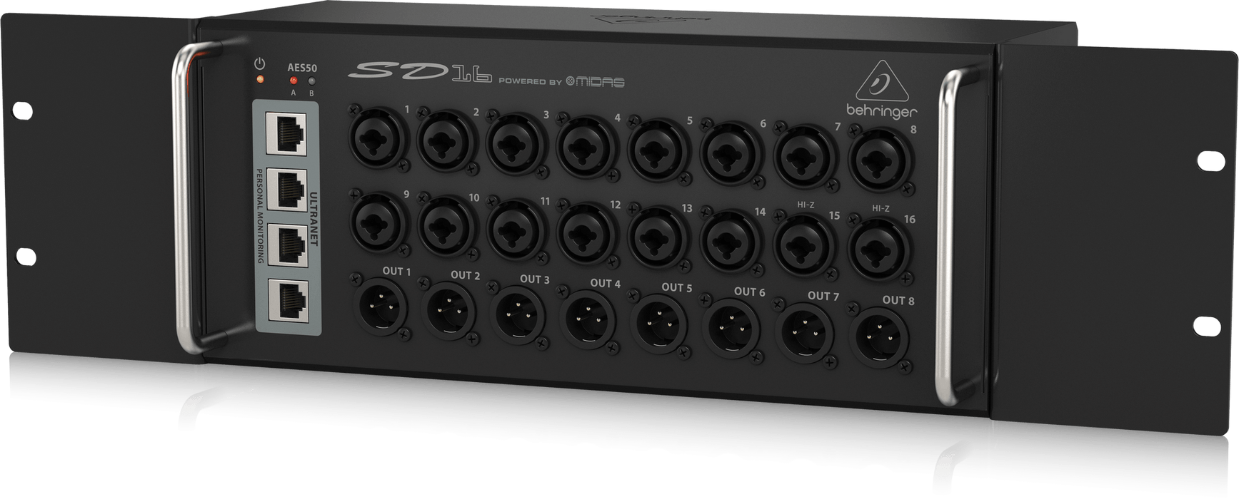 Behringer SD16 I/O Stage Box with 16 Remote-Controllable Midas Preamps, 8 Outputs, AES50 Networking and ULTRANET Personal Monitoring Hub