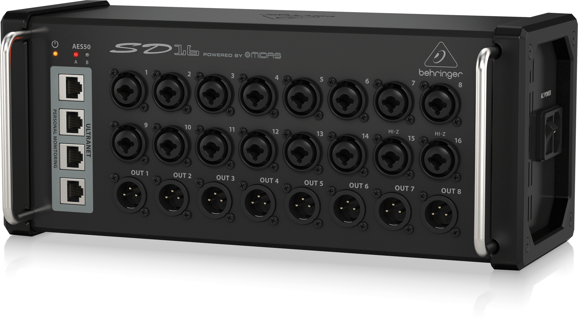 Behringer SD16 I/O Stage Box with 16 Remote-Controllable Midas Preamps, 8 Outputs, AES50 Networking and ULTRANET Personal Monitoring Hub