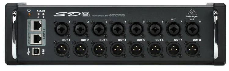 Behringer SD8 I/O Stage Box with 8 Remote-Controllable Midas Preamps, 8 Outputs, AES50 Networking and ULTRANET Personal Monitoring Hub