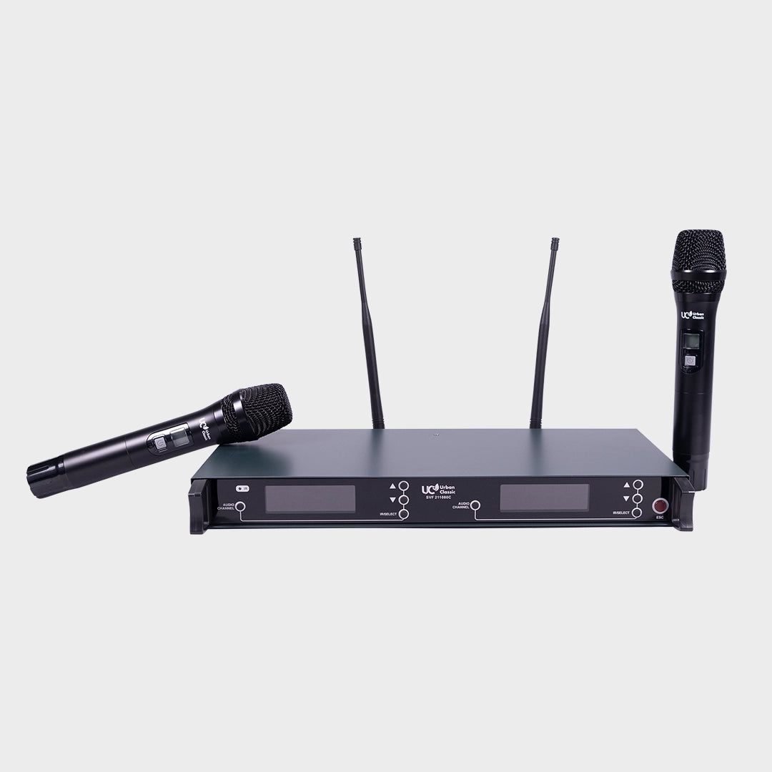 Urban Classic SVF 211080 Dual Handheld Wireless Microphone System with UHF Transmission, 100+100 Channels, HISS Noise Cancellation and 90m Coverage for Professional Audio Applications