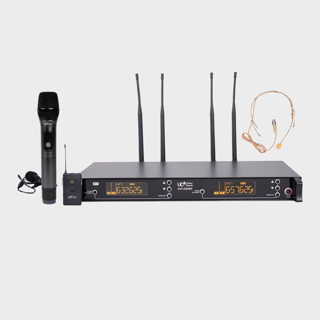 Urban Classic SVF 212080 Wireless Microphone System with Handheld and Bodypack Head Mic, UHF Transmission, 100+100 Channels, HISS Noise Cancellation and 90m Coverage for Professional Audio Applications