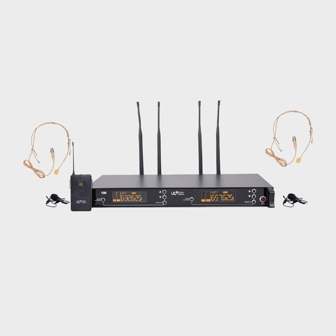 Urban Classic SVF 222080 Dual Bodypack Wireless Microphone System with Dual Head Mics, UHF Transmission, 100+100 Channels, HISS Noise Cancellation and 90m Coverage for Professional Hands-Free Audio Applications