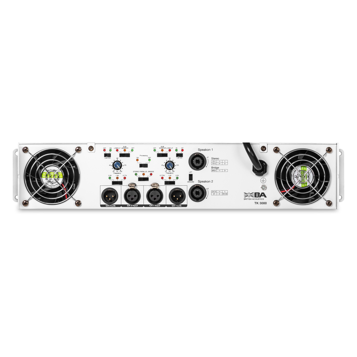 BRITISH ACOUSTICS TK‑3000 – 2Ch Power Amplifier with HPF, Gain Control & Peak Limiter