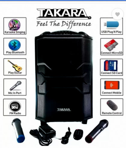 Takara 6112 - Portable Trolley Karaoke Speaker System,  Wooden Case,W/Less Mic Set & Remote