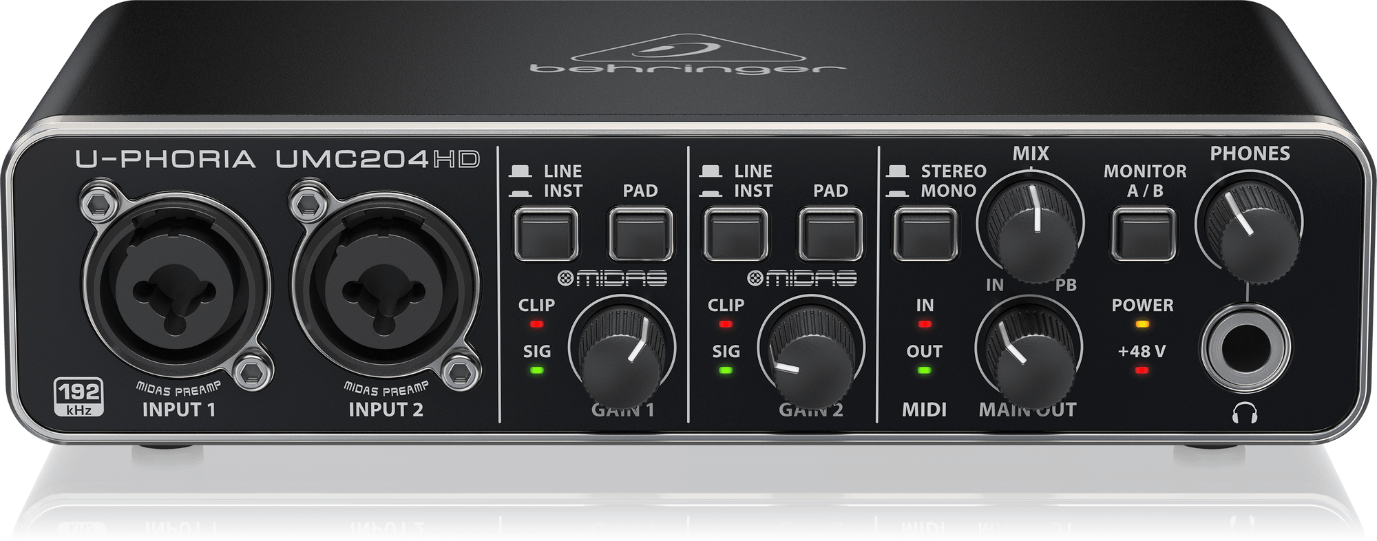 Behringer U-Phoria UMC204HD Audiophile 2x4, 24-Bit/192 kHz USB Audio/MIDI Interface with Midas Mic Preamplifiers