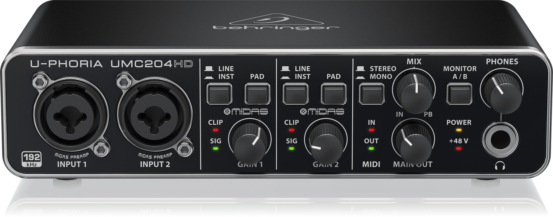 Behringer U-Phoria UMC204HD Audiophile 2x4, 24-Bit/192 kHz USB Audio/MIDI Interface with Midas Mic Preamplifiers