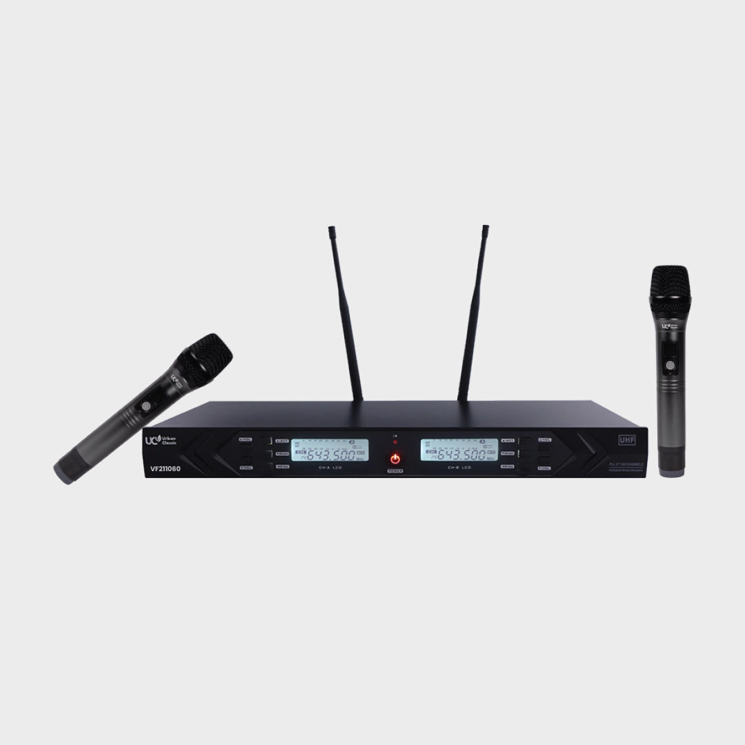Urban Classic VF 211060C Dual Handheld Wireless Microphone System with UHF Transmission, 100+100 Channels and 50m Coverage for Professional Audio Applications