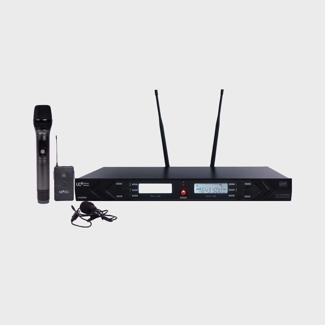 Urban Classic VF 212060C Wireless Microphone System with Handheld and Bodypack Head Mic, UHF Transmission, 100+100 Channels and 50m Coverage for Professional Audio Applications