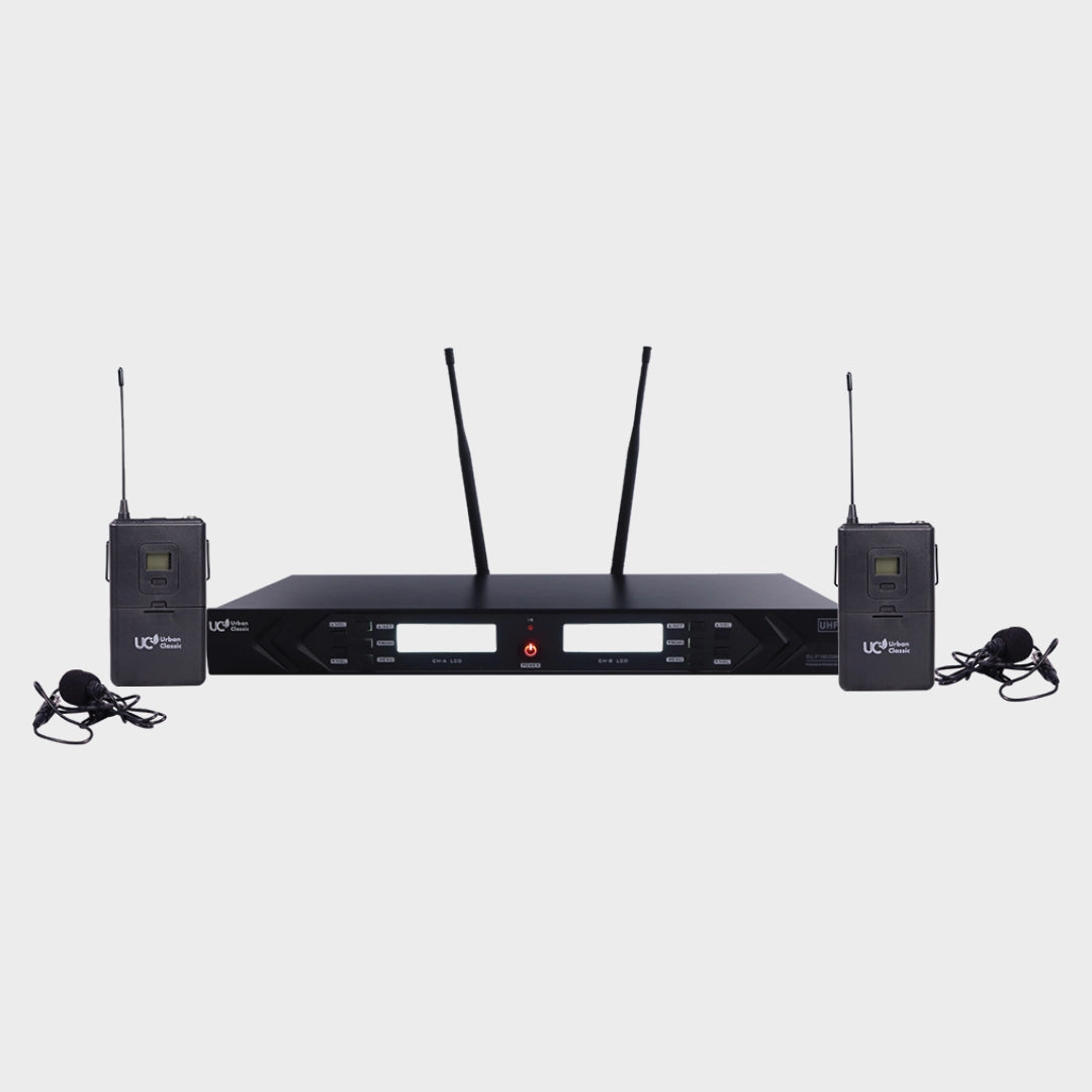 Urban Classic VF 222060C Dual Bodypack Wireless Microphone System with Head Mics, UHF Transmission, 100+100 Channels and 50m Coverage for Professional Hands-Free Audio Applications