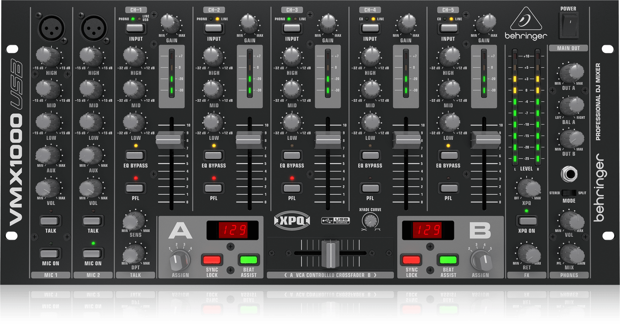 Behringer Pro Mixer VMX1000USB Professional 7-Channel Rack-Mount DJ Mixer with USB/Audio Interface, BPM Counter and VCA Control