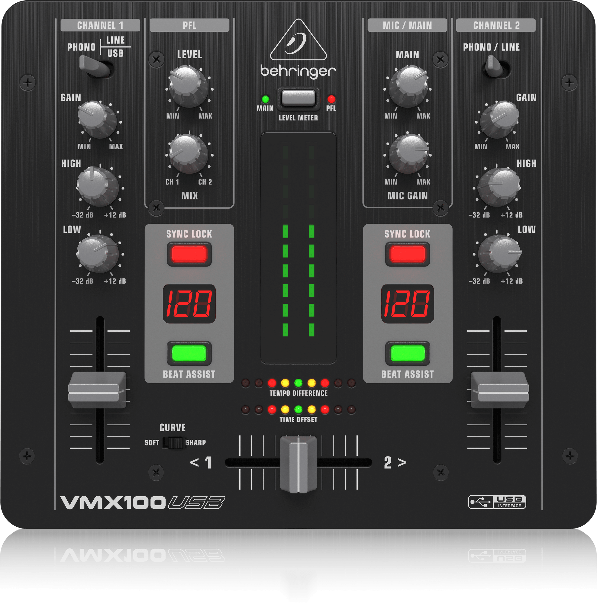 Behringer Pro Mixer VMX100USB Professional 2 Channel DJ Mixer with USB/Audio Interface, BPM Counter and VCA Control