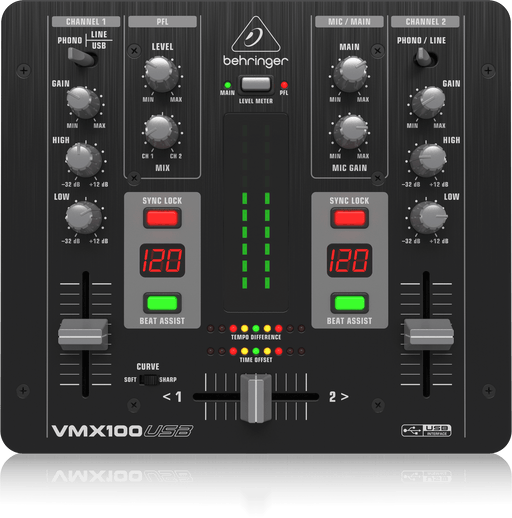Behringer Pro Mixer VMX100USB Professional 2 Channel DJ Mixer with USB/Audio Interface, BPM Counter and VCA Control