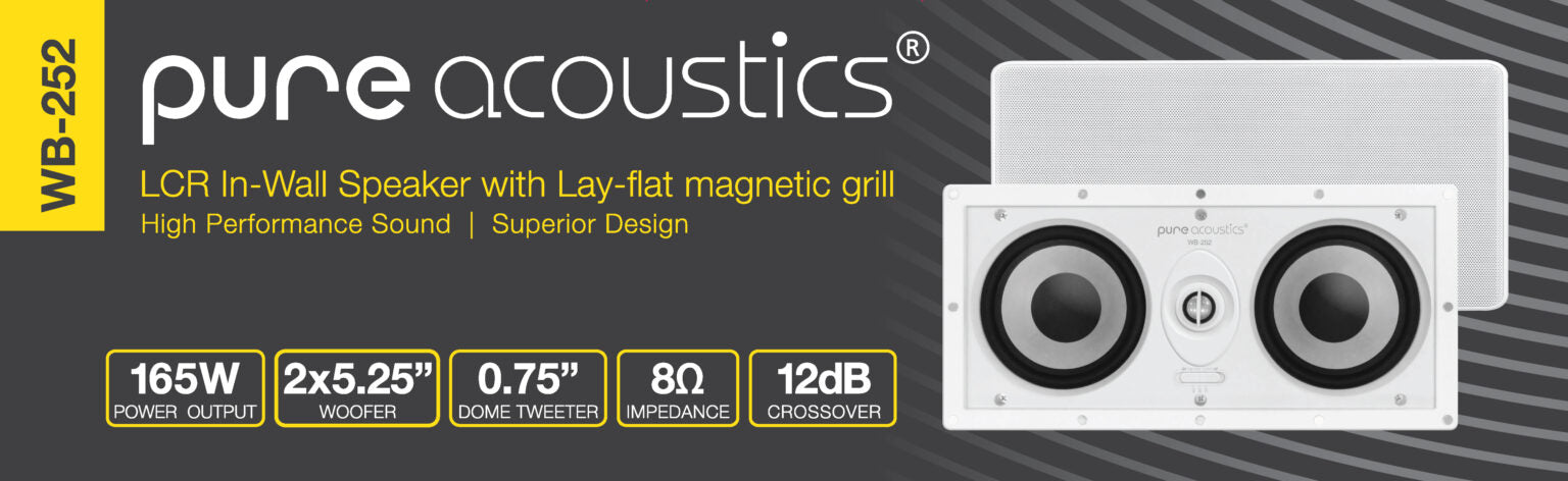 Pure Acoustics WB-252  165W 5.25 "  LCR In-Wall Speaker with Lay-flat Magnetic Grill High Performance Sound Superior Design- Each