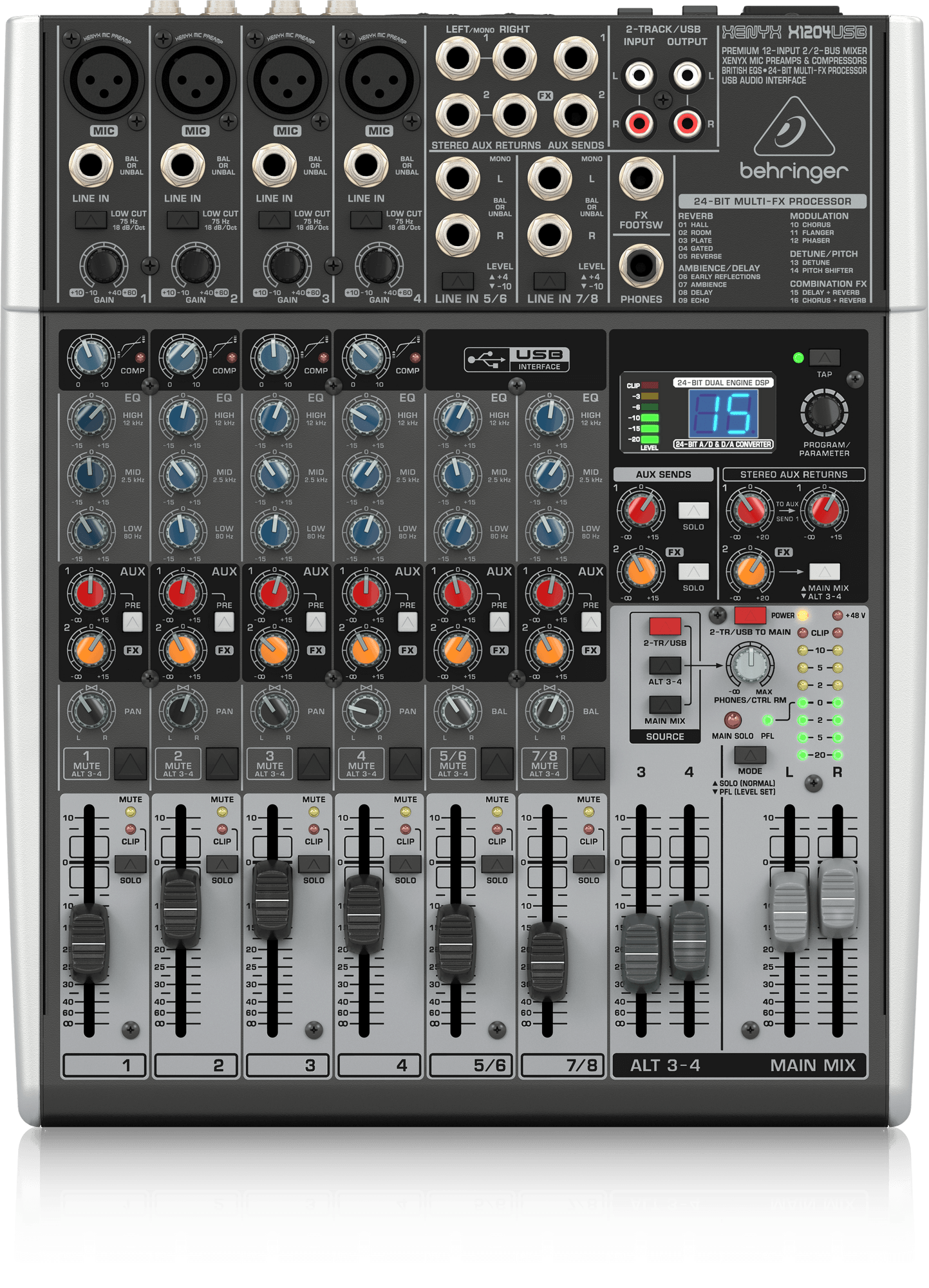 Behringer Xenyx X1204USB Premium 12-Input 2/2-Bus Mixer with XENYX Mic Preamps and Compressors, British EQ, 24-Bit Multi-FX Processor and USB/Audio Interface