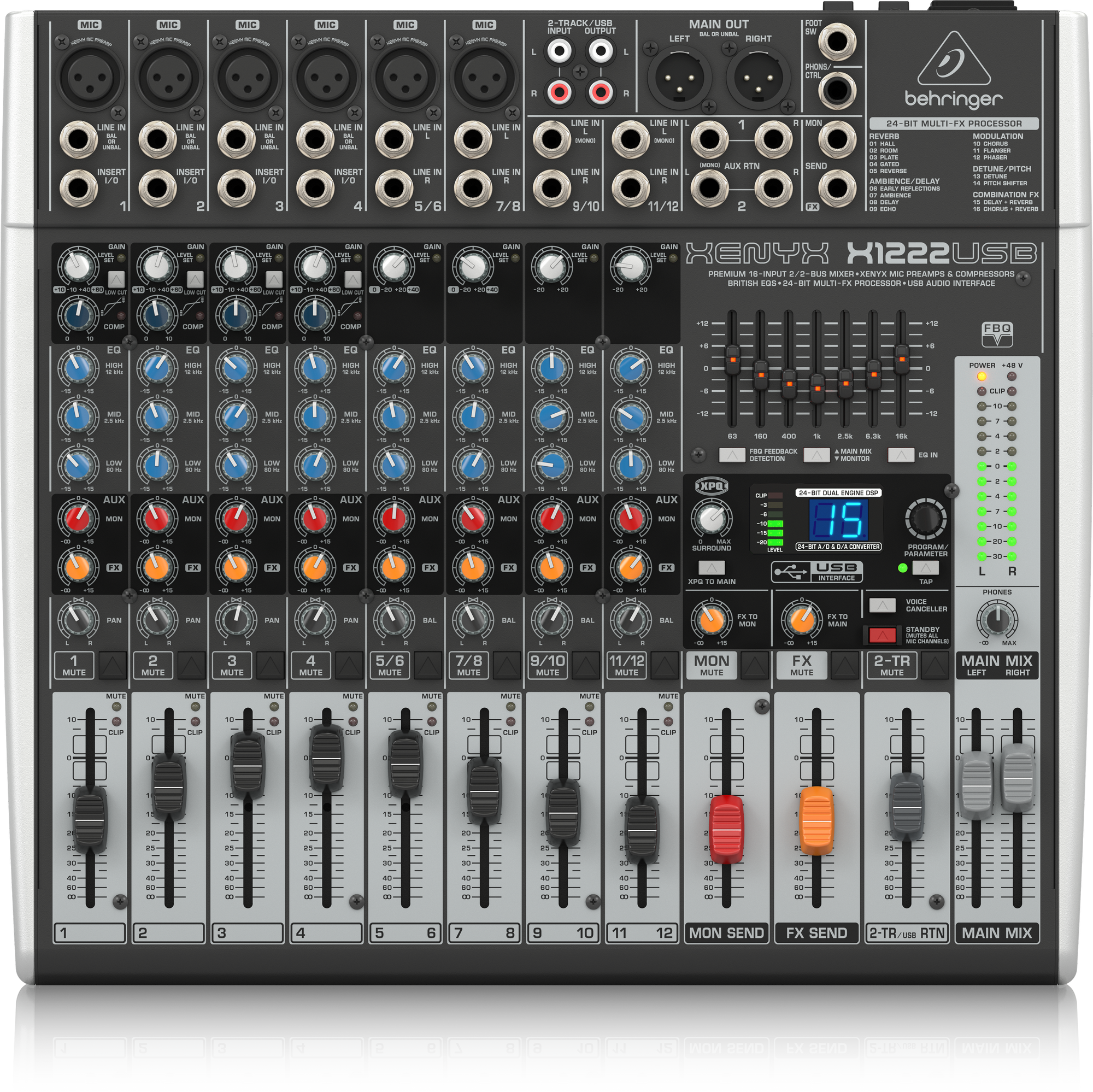 Behringer Xenyx X1222USB Premium 16-Input 2/2-Bus Mixer with XENYX Mic Preamps and Compressors, British EQ, 24-Bit Multi-FX Processor and USB/Audio Interface