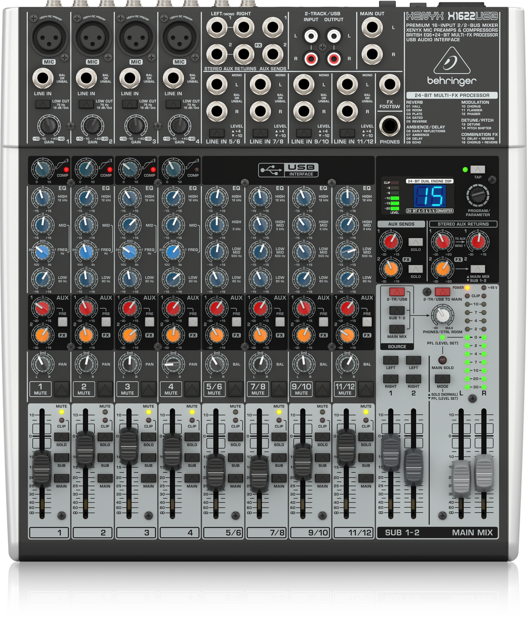 Behringer Xenyx X1622USB Premium 16-Input 2/2-Bus Mixer with XENYX Mic Preamps and Compressors, British EQ, 24-Bit Multi-FX Processor and USB/Audio Interface