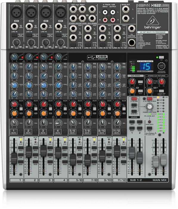 Behringer Xenyx X1622USB Premium 16-Input 2/2-Bus Mixer with XENYX Mic Preamps and Compressors, British EQ, 24-Bit Multi-FX Processor and USB/Audio Interface