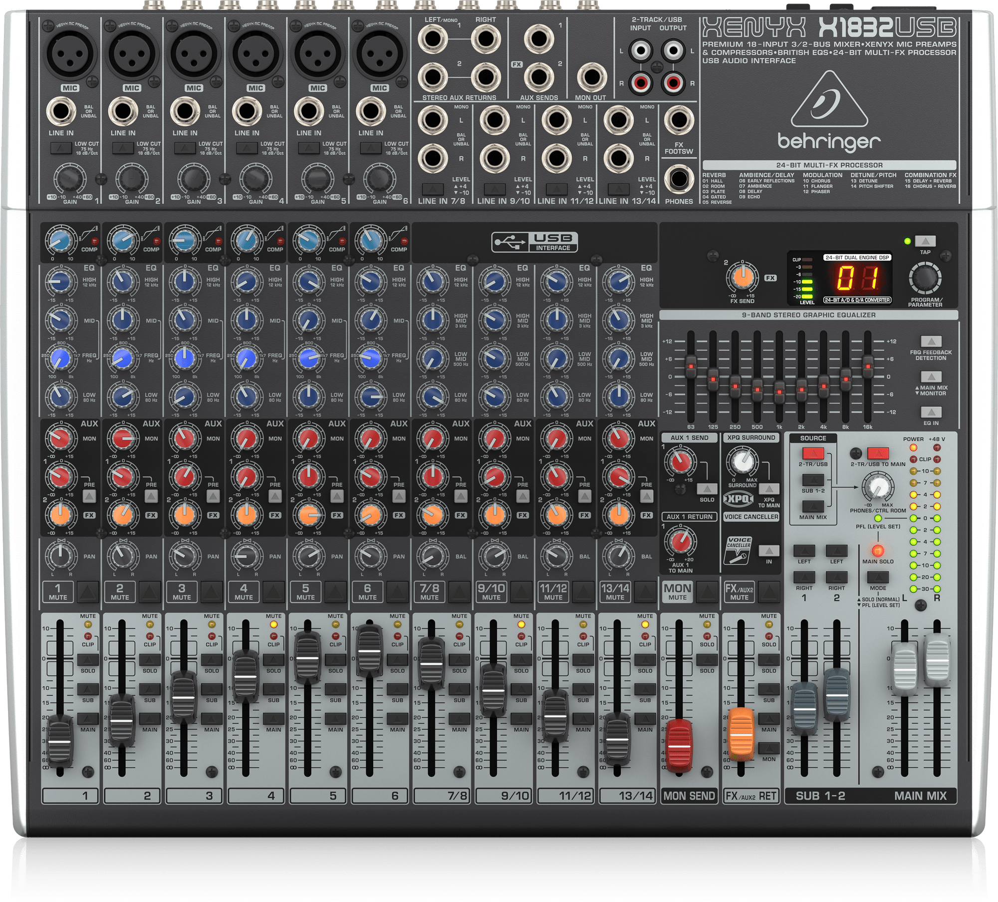 Behringer XENYX X1832USB Premium 18-Input 3/2-Bus Mixer with XENYX Mic Preamps and Compressors, British EQ, 24-Bit Multi-FX Processor and USB/Audio Interface - Each