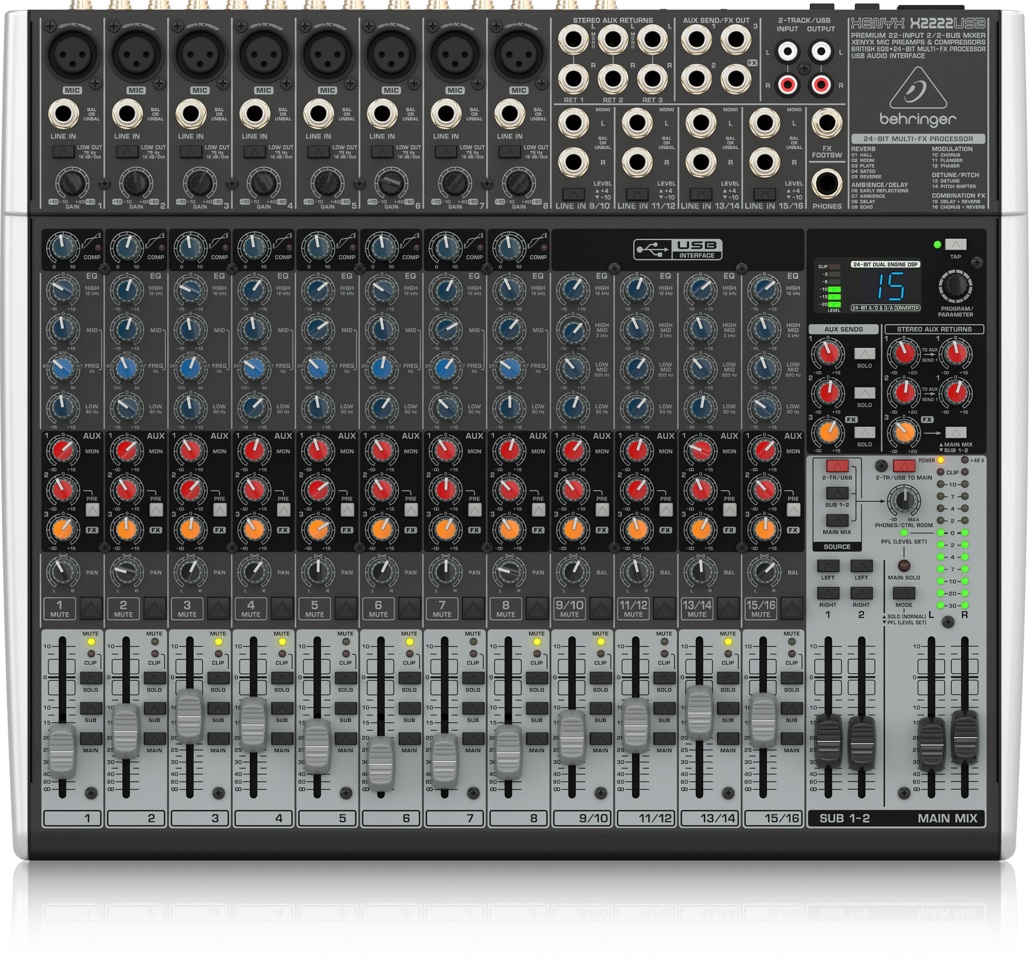 Behringer Xenyx X2222USB Premium 22-Input 2/2-Bus Mixer with XENYX Mic Preamps and Compressors, British EQ, 24-Bit Multi-FX Processor and USB/Audio Interface