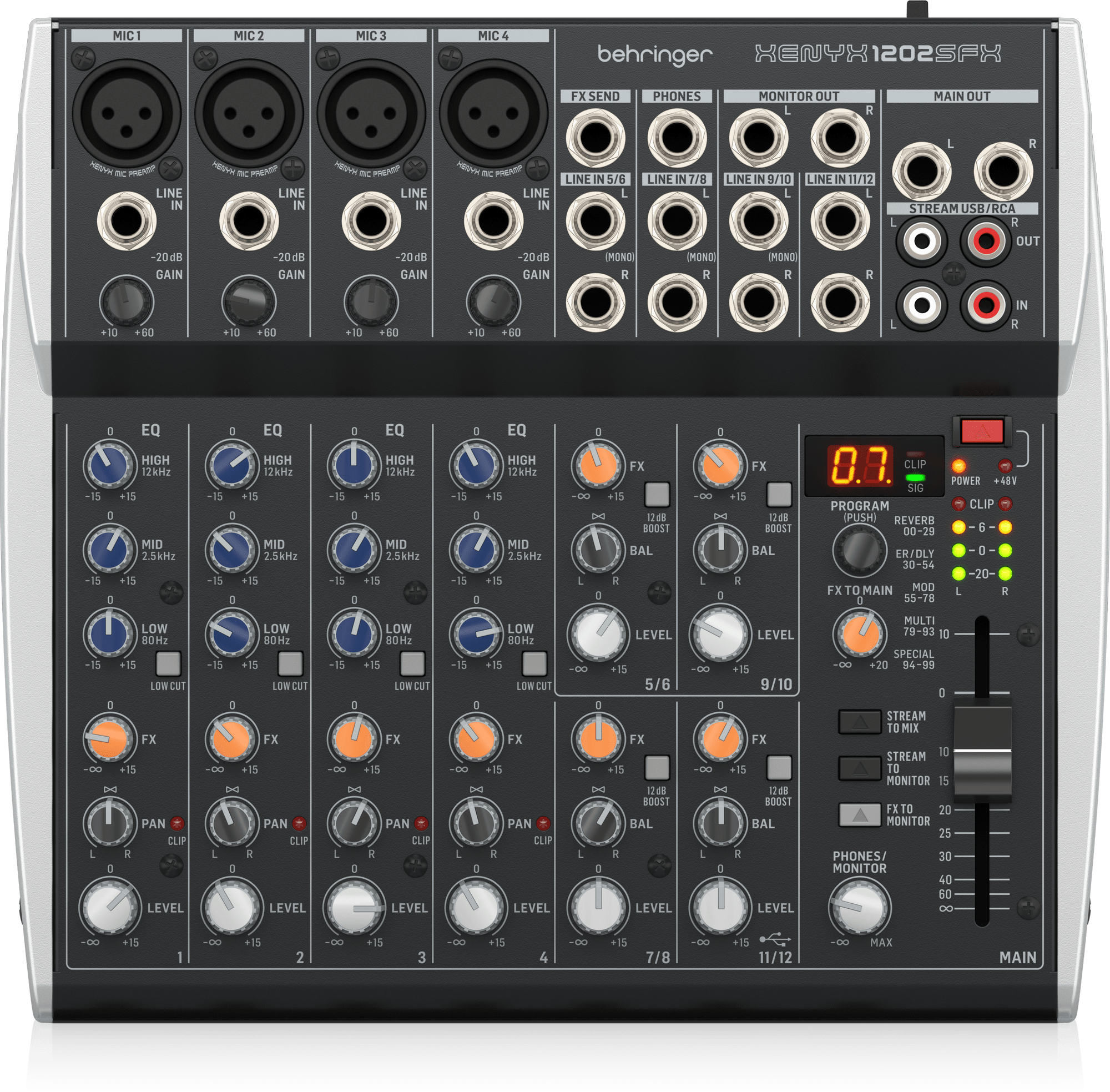 Behringer XENYX 1202SFX Premium Analog 12-Input Mixer with USB Streaming Interface and Klark Teknik Effects - Each