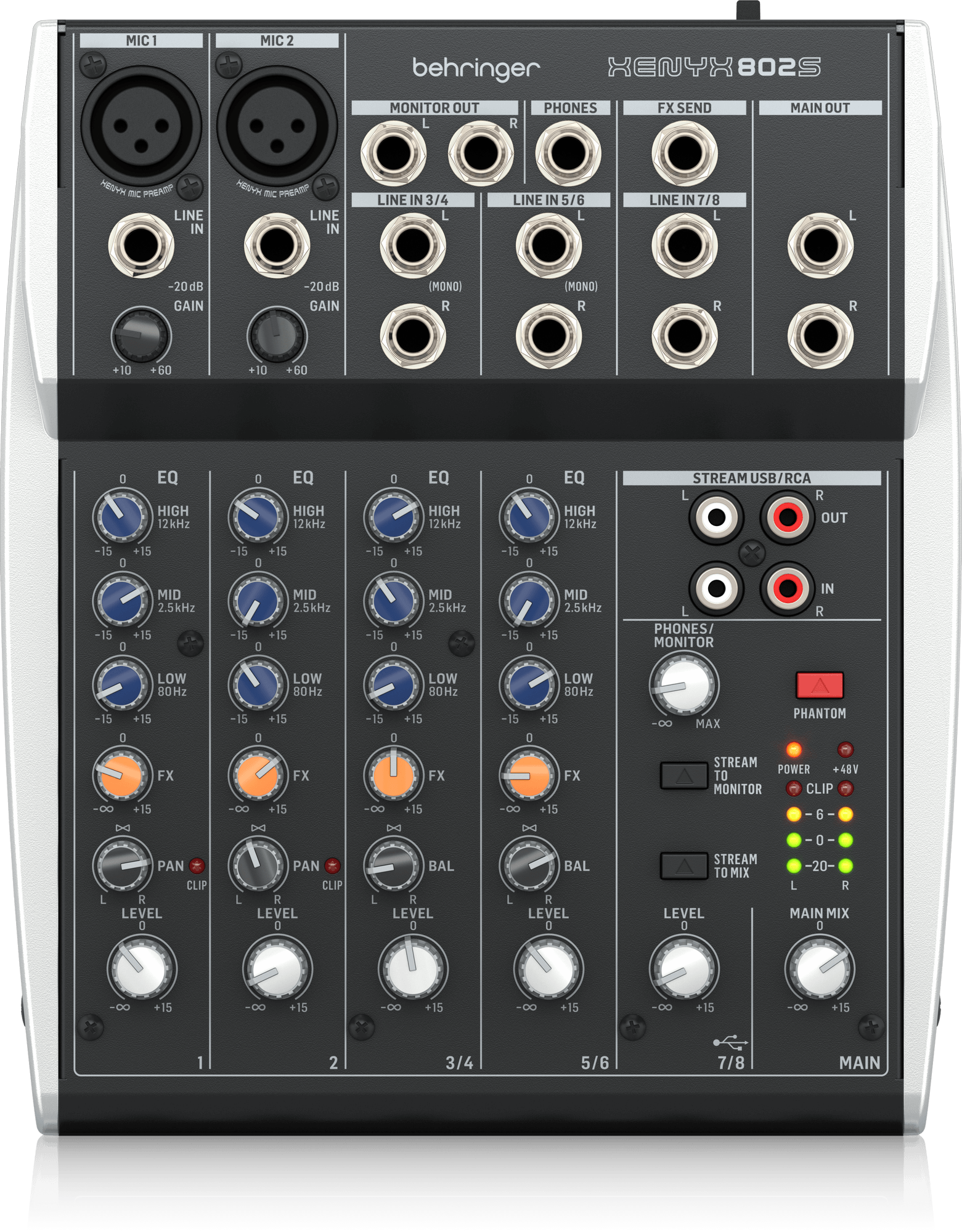 Behringer XENYX 802S Premium Analog 8-Input Mixer with USB Streaming Interface - Each