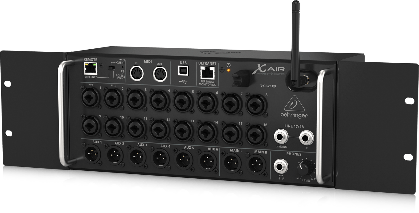 Behringer X Air XR18 18-Channel, 12-Bus Digital Mixer for iPad/Android Tablets with 16 Programmable Midas Preamps, Integrated WiFi Module and Multi-Channel USB Audio Interface